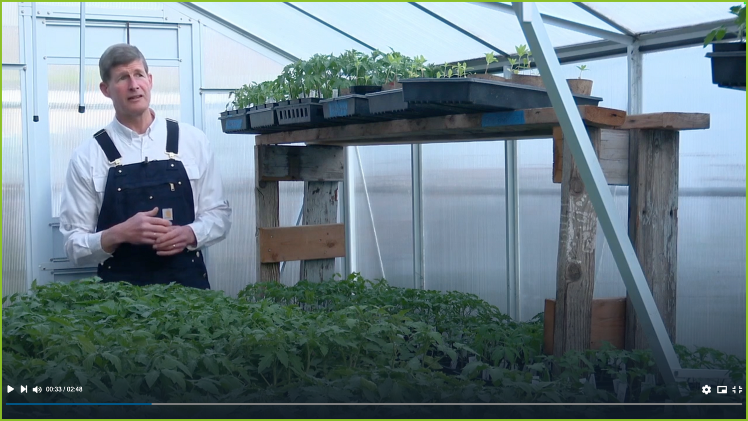 Man standing in a greenhouse with plants and gardening equipment.